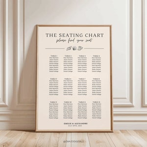Puede incluir: Un plano de asientos para una boda con los nombres de los invitados listados por número de mesa. El plano está decorado con conchas marinas y el texto "THE SEATING CHART please find your seat". La boda es para Emilie & Alexandre el 29 de julio de 2023.