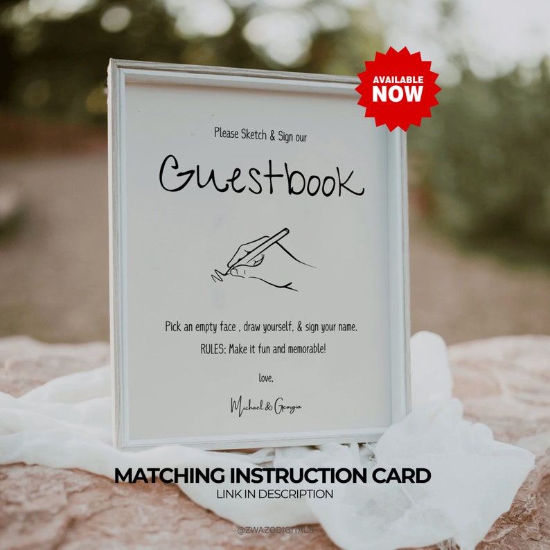 Pode incluir: Uma placa emoldurada branca com a palavra "Guestbook" em uma fonte manuscrita. A placa inclui instru&ccedil;&otilde;es para desenhar e assinar, com um adesivo vermelho "AVAILABLE NOW" no canto. A parte inferior da placa diz "MATCHING INSTRUCTION CARD" e "LINK IN DESCRIPTION".