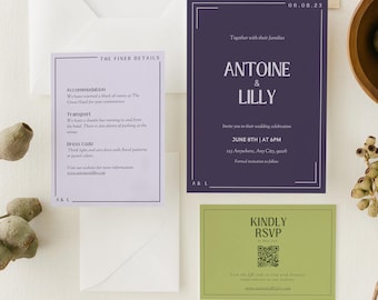 Bold Retro Wedding Invitation Template, Colorful Vintage Design, Purple & Green Wedding Invite, Bright Celebration, Canva Digital Download