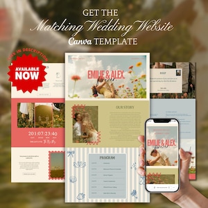 Pode incluir: Um modelo de site de casamento digital com o texto "GET THE Matching Wedding Website Canva TEMPLATE". O design inclui um mockup de telefone, p&aacute;ginas da web e as palavras "EMILIE & ALEX forever". Um gr&aacute;fico de estrela vermelha diz "AVAILABLE NOW".