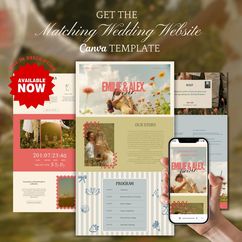Pode incluir: Um modelo de site de casamento digital com o texto "GET THE Matching Wedding Website Canva TEMPLATE". O design inclui um mockup de telefone, p&aacute;ginas da web e as palavras "EMILIE & ALEX forever". Um gr&aacute;fico de estrela vermelha diz "AVAILABLE NOW".