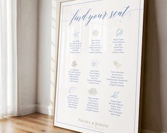 Seashell beach wedding seating chart template, coastal ocean reception seating plan, Canva, summer destination wedding, digital download