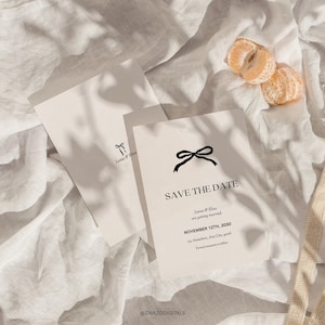 Simple and Elegant Bow Save the Date, Whimsical Illustration, Hand Drawn Ribbon Save the Date, Classy Black and White Save the Date Template