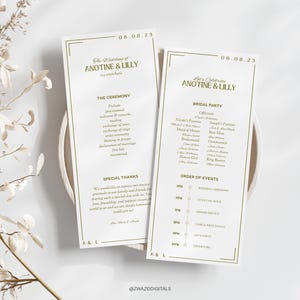 Può includere: Due eleganti programmi di nozze con testo e bordi dorati. I programmi elencano i dettagli della cerimonia, il corteo nuziale e l'ordine degli eventi per il matrimonio di Anotine & Lilly il 06.08.23. Su sfondo bianco.