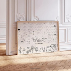 Pode incluir: Uma placa de casamento emoldurada com um fundo bege claro e arte de linha preta. A placa diz "Bem-vindos ao casamento de Nicole e Peter" e apresenta espa&ccedil;os para assinaturas de convidados e ilustra&ccedil;&otilde;es tem&aacute;ticas de casamento.
