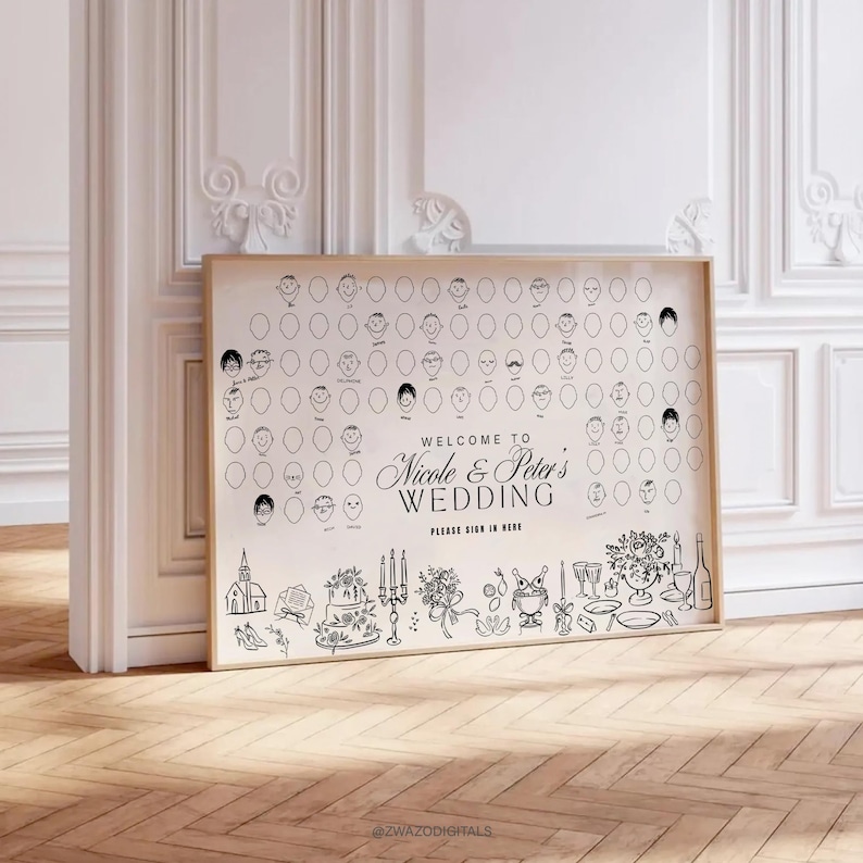 Pode incluir: Uma placa de casamento emoldurada com um fundo bege claro e arte de linha preta. A placa diz "Bem-vindos ao casamento de Nicole e Peter" e apresenta espa&ccedil;os para assinaturas de convidados e ilustra&ccedil;&otilde;es tem&aacute;ticas de casamento.