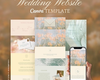Sitio web de boda en tonos pastel, diseño personalizable en Canva, dinero antiguo de lujo colorido, boda de destino, boda de primavera, rosa, amarillo, azul y verde.