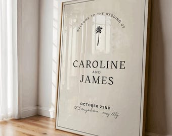 May include: A beige wedding sign with a black palm tree graphic and the text "Welcome to the wedding of Caroline and James, October 22nd, 123 anywhere, any city" and the social media handle "@zwazoodigitals".