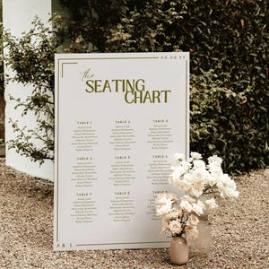 Puede incluir: Un diagrama de asientos blanco con un borde dorado y texto dorado. El diagrama se titula "The Seating Chart" y enumera las mesas con los nombres de los invitados. La fecha 06.08.23 está impresa en la esquina superior derecha.