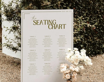 Bold retro wedding seating chart template, colorful funky design, modern reception seating plan, fun wedding signage, Canva digital download