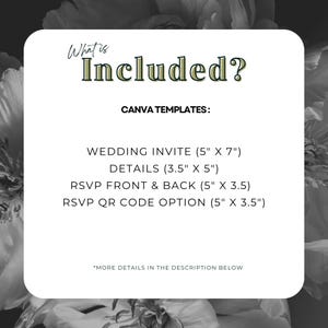 Pode incluir: Modelo Canva branco com o texto "What is Included?" e uma lista de componentes do convite de casamento: Wedding Invite (12,7 cm x 17,8 cm), Details (8,9 cm x 12,7 cm), RSVP Front & Back (12,7 cm x 8,9 cm) e RSVP QR Code Option (12,7 cm x 8,9 cm).