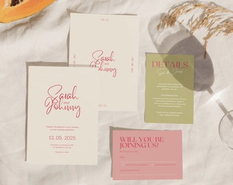Bold Retro Wedding Invitation Template, Colorful Vintage Design, Unique Whimsical Wedding Invite, Bright Celebration, Canva Digital Download