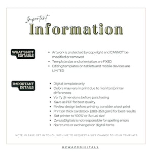 Pode incluir: Um modelo digital com o t&iacute;tulo "Informa&ccedil;&otilde;es Importantes" em verde e dourado. O texto detalha o que n&atilde;o &eacute; edit&aacute;vel, incluindo prote&ccedil;&atilde;o de direitos autorais e tamanho fixo do modelo. Ele tamb&eacute;m lista detalhes importantes.