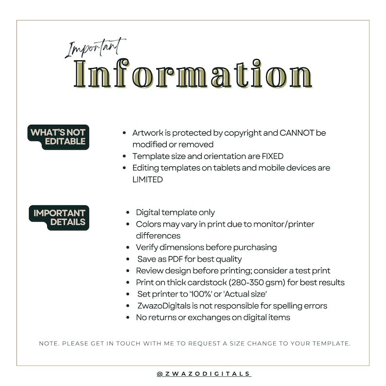 Pode incluir: Um modelo digital com o t&iacute;tulo "Informa&ccedil;&otilde;es Importantes" em verde e dourado. O texto detalha o que n&atilde;o &eacute; edit&aacute;vel, incluindo prote&ccedil;&atilde;o de direitos autorais e tamanho fixo do modelo. Ele tamb&eacute;m lista detalhes importantes.