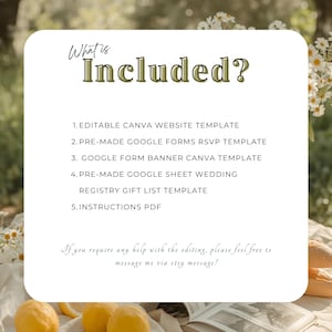 Puede incluir: Una tarjeta blanca con esquinas redondeadas muestra el texto "What is Included?" en verde. La tarjeta enumera una plantilla de sitio web de Canva editable, una plantilla de RSVP de Google Forms, un banner de Google Form y una plantilla de lista de regalos de boda. Tambi&eacute;n se incluye un PDF de instrucciones.