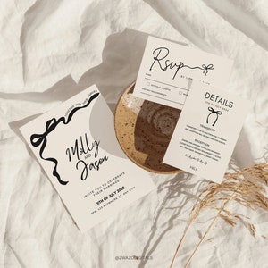 Bow Hochzeitseinladungs-Vorlage, handgezeichnetes Band, Coquette Invite, Schwarzweiß, Antwort-QR-Code, bearbeitbare Vorlage, druckbare Karte