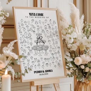 Peut inclure: Un panneau de bienvenue de mariage encadré avec un cadre en bois clair. Le panneau présente une illustration en noir et blanc de visages et d'un présentoir à verres à champagne à plusieurs niveaux. Le texte indique "BIENVENUE AU MARIAGE DE" et les noms "PEDRO & ADORA" avec la date 06.06.2030.