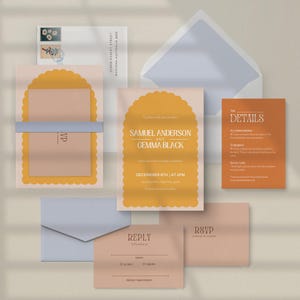 Retro Colorful Wedding Invitation Suite Template, Unique Wedding Invite, Bright Bold Wedding Invitation, QR Code, Funky Trending, Canva