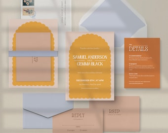 Bold Retro Wedding Invitation Template, Colorful Vintage Design, Orange Beige Pastel Wedding Invite, Bright Colours, Canva Digital Download