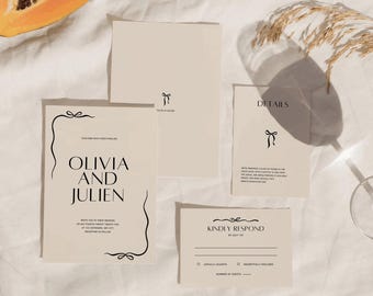 Bow Wedding Invitation Suite Template, Elegant Ribbon Design, Modern Minimal Invite Set, Canva, Classic Romantic Wedding, Digital Download