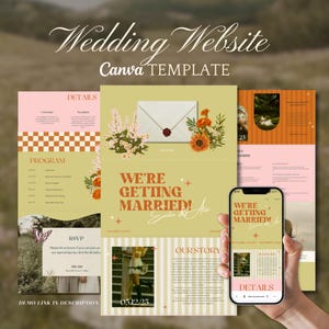 May include: A wedding website Canva template with a soft color palette. The design includes a central panel with an envelope and floral arrangement, and a mobile phone displaying the website. Text includes "Wedding Website Canva TEMPLATE" and "We're Getting Married!"