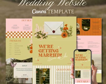 Plantilla de sitio web de boda retro, invitación de boda colorida y llamativa en Canva, rosa, verde, naranja, dibujada a mano, vintage, sitio web editable.
