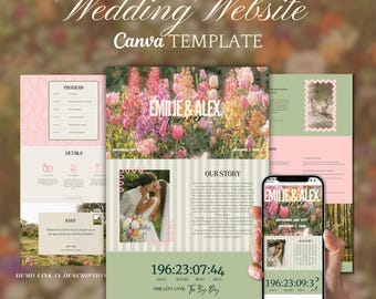 Puede incluir: Una plantilla de Canva para sitio web de bodas con un diseño floral. El diseño incluye secciones de programa, detalles y RSVP. El sitio web presenta los nombres "EMILIE & ALEX" y un temporizador de cuenta regresiva. Un smartphone muestra el sitio web.