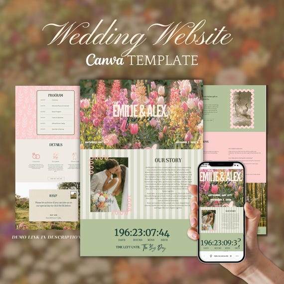 Colorful Wedding Website Template, Floral Garden Canva Wedding Website Invitation, Pink & Green Pastel Colors, Hand drawn,  Editable Website