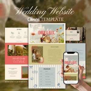 May include: A wedding website template with the text "Wedding Website Canva TEMPLATE." The design includes a website layout with photos, text, and the words "EMILIE & ALEX forever." A smartphone displays the website design.