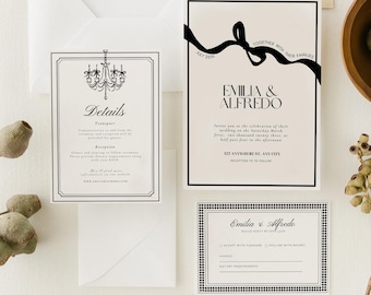 May include: Elegant wedding invitation suite featuring a cream background with black text and accents. Includes a main invitation, details card with a chandelier graphic, and a response card. The main invitation features the names "Emilia & Alfredo".