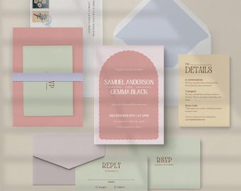Pastel Retro Wedding Invitation Suite Template, Colorful Vintage Design, Green Pink Yellow Wedding Invite, Bright, Canva Digital Download