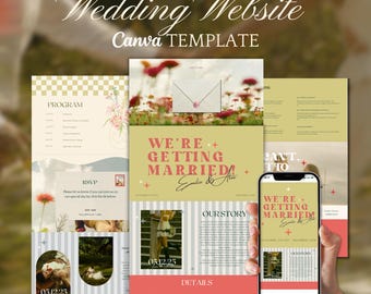 Plantilla de sitio web de boda colorida y llamativa, elegante invitación de boda en Canva, cuenta regresiva, colores pastel rosa, azul y verde, sitio web editable