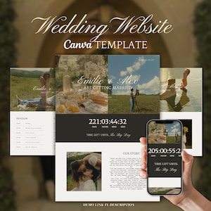 May include: A wedding website Canva template with a design featuring photos, text, and a countdown timer. The website design includes sections for the program, story, and a demo link. The text on the website says "Emilie & Alex are getting married."