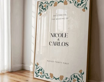 Art Nouveau wedding welcome sign template, Art Deco, vintage floral design, Canva, reception decor, elegant wedding, green, digital download
