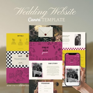 Bold Retro Wedding Website Template, Colorful Wedding Website Invitation Canva, Pink, Yellow, Hand drawn, Vintage Fun,  Editable Website