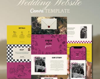 Plantilla de sitio web de boda retro atrevida, invitación colorida para sitio web de boda en Canva, rosa, amarillo, dibujada a mano, divertida y vintage, sitio web editable.