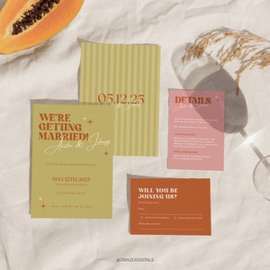 Bunte Hochzeitseinladung, Retro Hochzeitseinladung, Einzigartige Hochzeitseinladung, Vintage Hochzeitseinladung, Funky