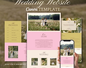 Puede incluir: Una plantilla Canva para sitio web de bodas con un diseño en rosa y crema. El diseño incluye un programa, una sección de historia y detalles de RSVP. Un teléfono inteligente muestra el sitio web, mostrando a una pareja en un campo. El texto incluye "Wedding Website", "Canva TEMPLATE" y "EMILE & ALEX."