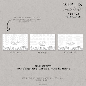 Pode incluir: Tr&ecirc;s modelos de casamento Canva com o texto "Bem-vindos ao casamento de Nicole & Peter" e contagens de convidados de 60, 100 e 150. Os modelos incluem uma borda decorativa e est&atilde;o dispon&iacute;veis em v&aacute;rios tamanhos, incluindo 61x91 cm.