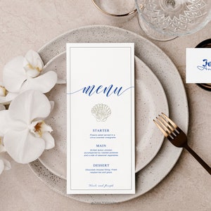 Beach Wedding Menu Template, Placement Card, Seashell, Printable Menu, Name tag, Instant Download, Ocean Wedding Dinner Menu