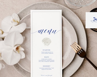 Seashell beach wedding dinner menu template, coastal ocean theme, edit in Canva, summer destination wedding, name tags, digital download