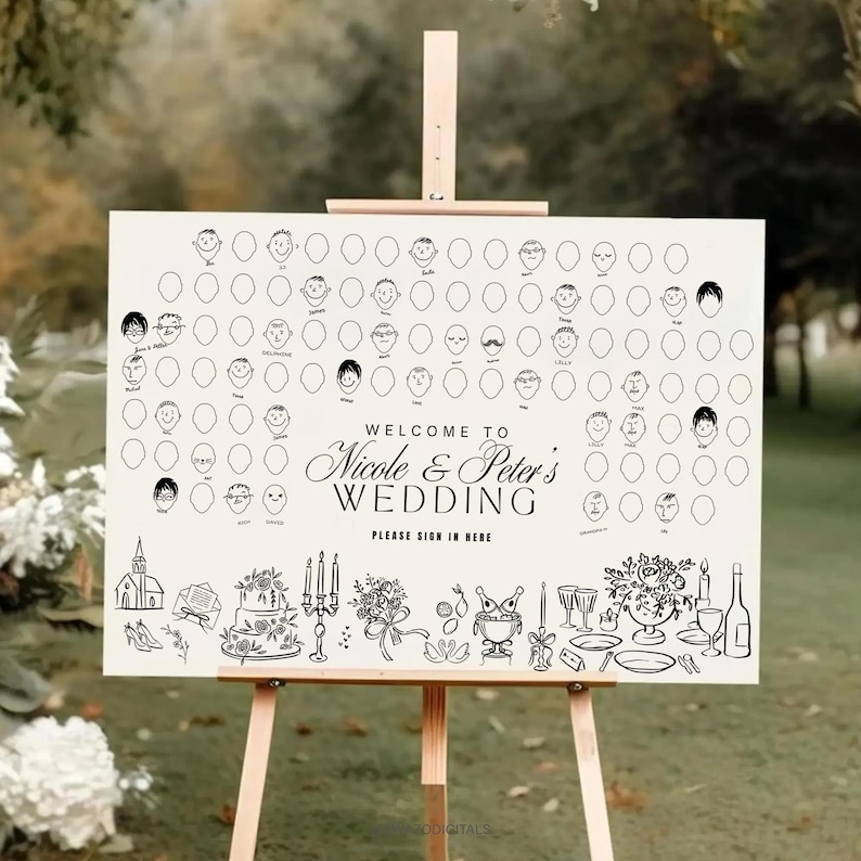 Pode incluir: Uma placa de casamento em um cavalete com o texto "Welcome to Nicole & Peter's Wedding" e "Please sign in here". A placa apresenta rostos ilustrados e desenhos tem&aacute;ticos de casamento em tinta preta sobre um fundo creme.