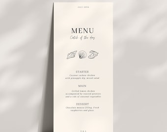Coastal beach seashell wedding dinner menu template, ocean theme design, Canva, summer destination wedding, name tags, digital download