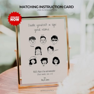 Pode incluir: Um cart&atilde;o de instru&ccedil;&otilde;es emoldurado com o texto "Doodle yourself & sign your name". O cart&atilde;o apresenta rostos ilustrados com nomes e o texto "Make it fun and memorable!". O cart&atilde;o est&aacute; em uma moldura dourada com um adesivo vermelho "Available Now".
