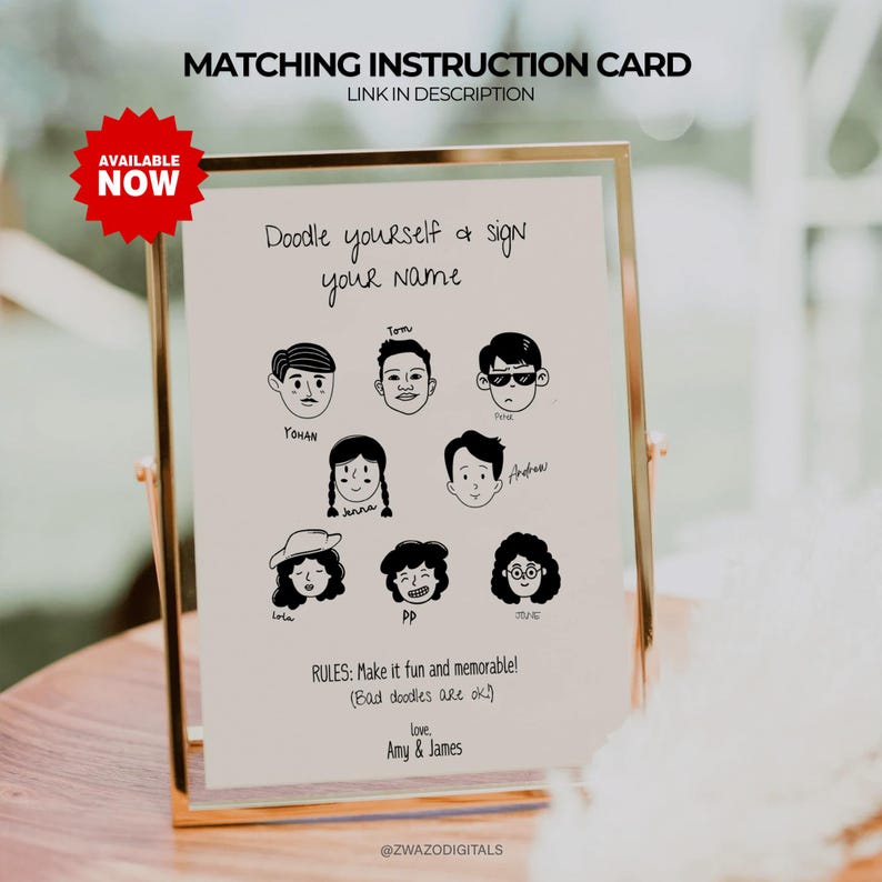 Pode incluir: Um cart&atilde;o de instru&ccedil;&otilde;es emoldurado com o texto "Doodle yourself & sign your name". O cart&atilde;o apresenta rostos ilustrados com nomes e o texto "Make it fun and memorable!". O cart&atilde;o est&aacute; em uma moldura dourada com um adesivo vermelho "Available Now".