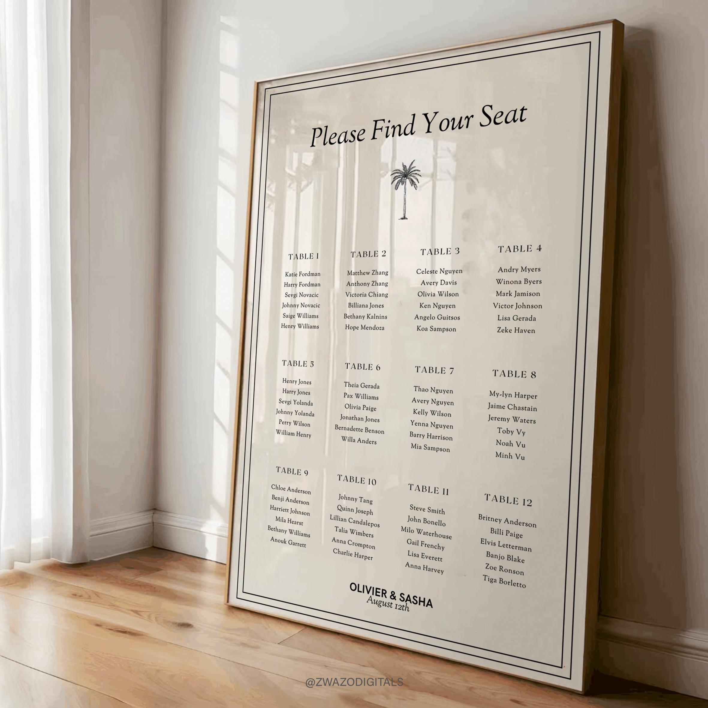 Palm Tree Tropical Wedding Seating Chart Template, Coastal Beach ...