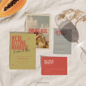 Pode incluir: Um conjunto de papelaria de casamento com um design rom&acirc;ntico. A imagem apresenta cart&otilde;es de convite, cart&otilde;es de detalhes e cart&otilde;es de RSVP. O texto "We're Getting Married! Emilie & Alex" &eacute; vis&iacute;vel. A paleta de cores &eacute; suave.