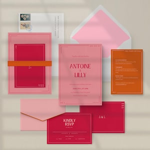 Bold Retro Wedding Invitation Suite, Unique Wedding Invite, Bright Colorful Wedding Invitation, Pink Orange, QR Code, Matching Invite, Canva