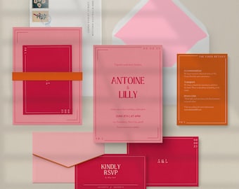 Bold Retro Wedding Invitation Template, Colorful Vintage Design, Hot Pink Orange Wedding Invite, Bright Celebration, Canva Digital Download