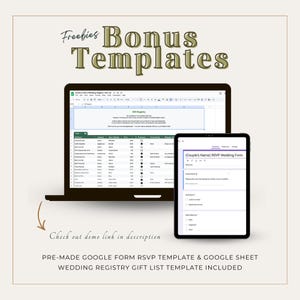 Puede incluir: Imagen digital que muestra una computadora port&aacute;til y una tableta que muestran Google Sheets y un formulario de RSVP de boda. El texto dice "Freebies Bonus Templates" y "Check out demo link in description". Incluye una plantilla de RSVP de Google Form prefabricada y una plantilla de lista de regalos de registro de bodas de Google Sheet.